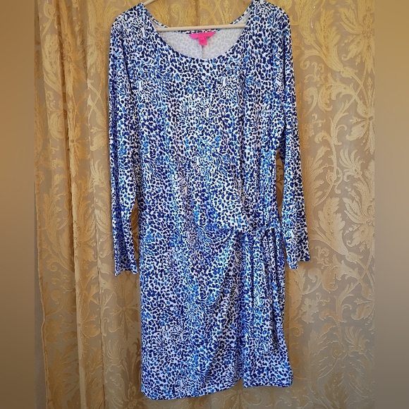 NWOT Lilly Pulitzer  Bryson Long Sleeve Blue and White Leopard Print Dress - Picture 6 of 14